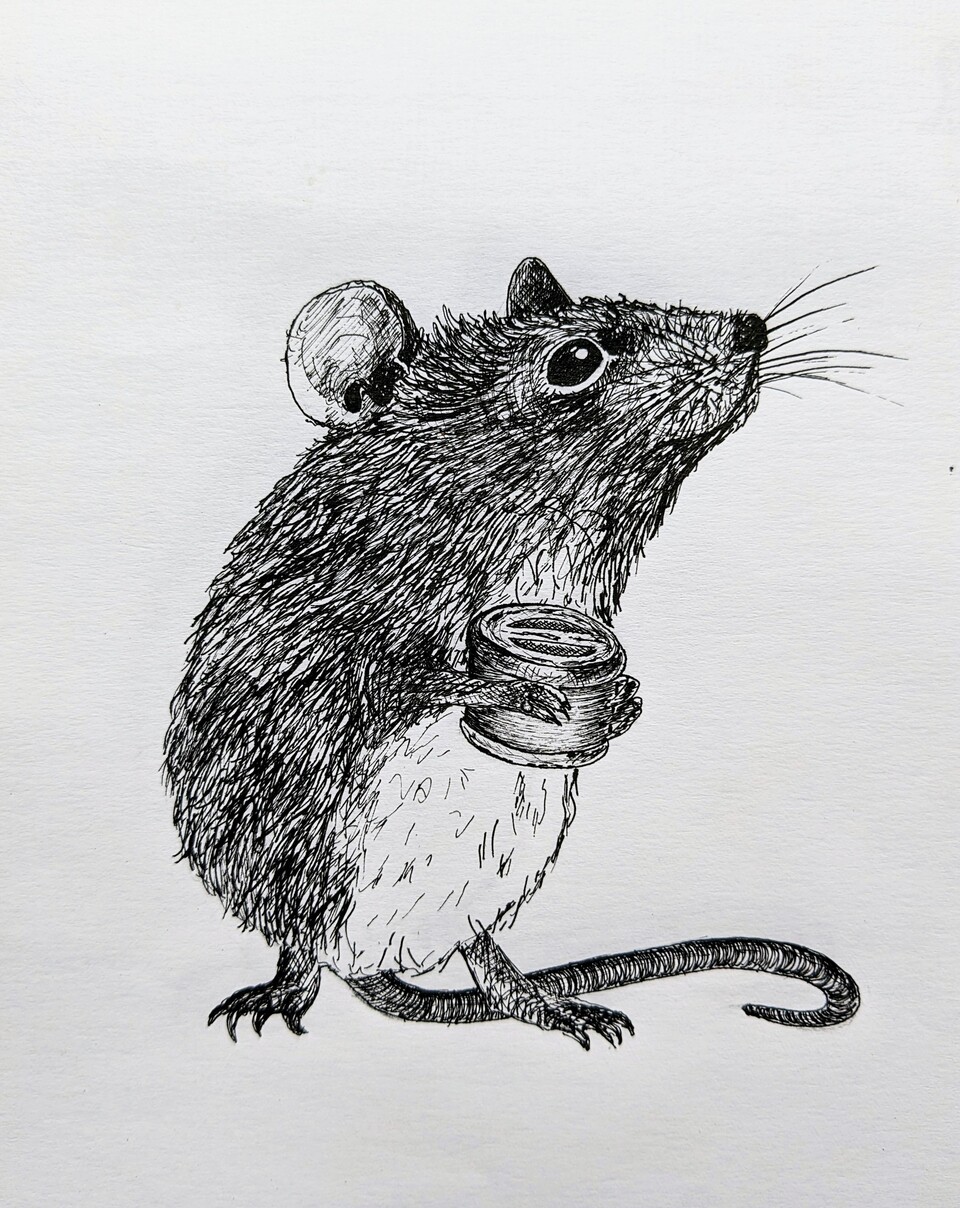 A sketching of a mouse stood on it's hind feet.